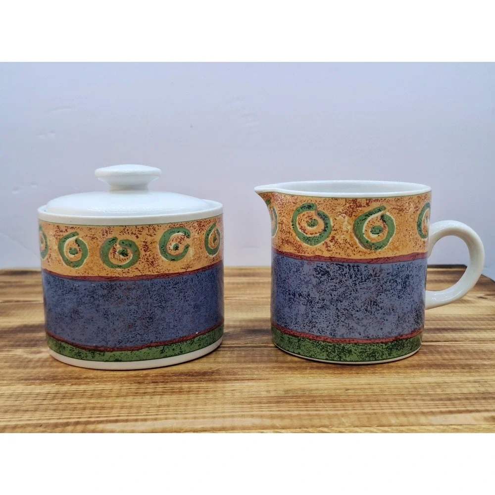 Vintage 1995 Sakura Malaga by Sue Zipkin Stoneware Creamer +‎ Sugar Bowl and Lid